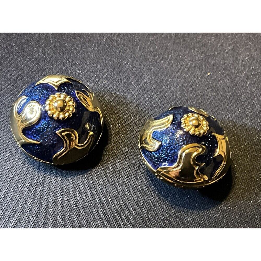 1980 Rare YSL 22k Gold Plated Blue and Gold Enamel Clip On Earrings France
